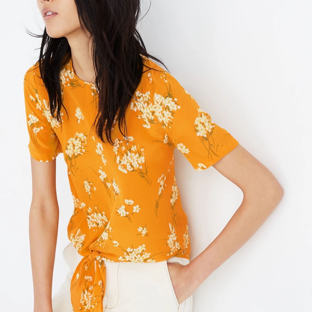 Madewell Floral Silk Button-Back Tie Tee